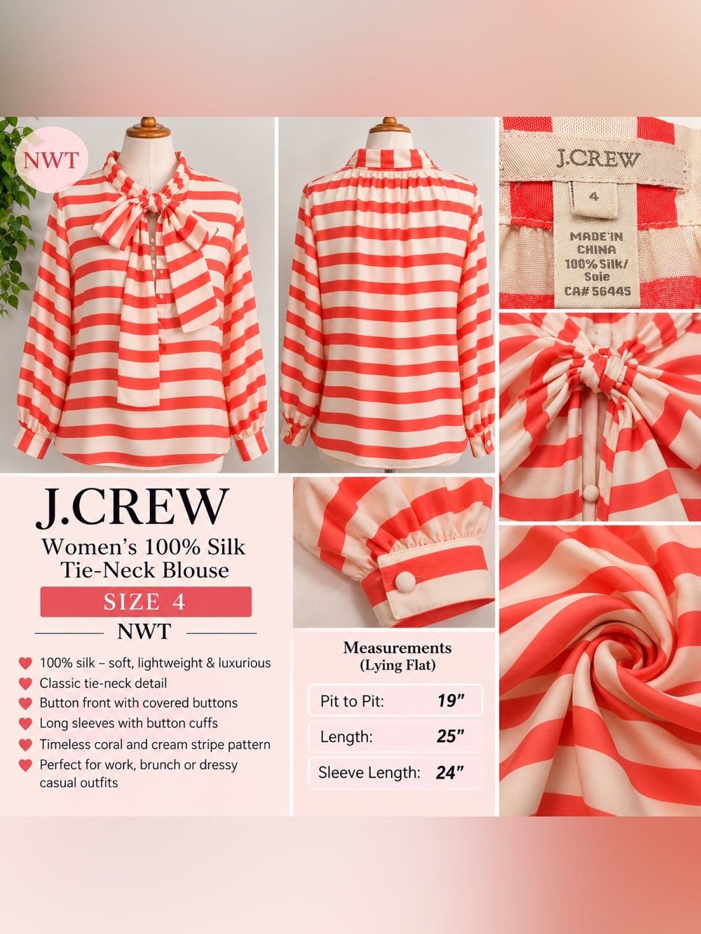 J. Crew Coral-Stripe Silk Bow-Tie Blouse